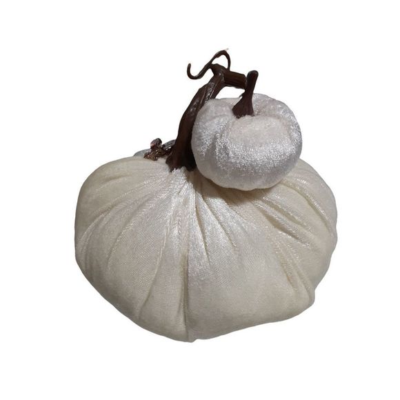 Ivory velvet cloth stuffed Pumpkin Decoration for Autumn/ Fall 7×6in. - Picture 2 of 4